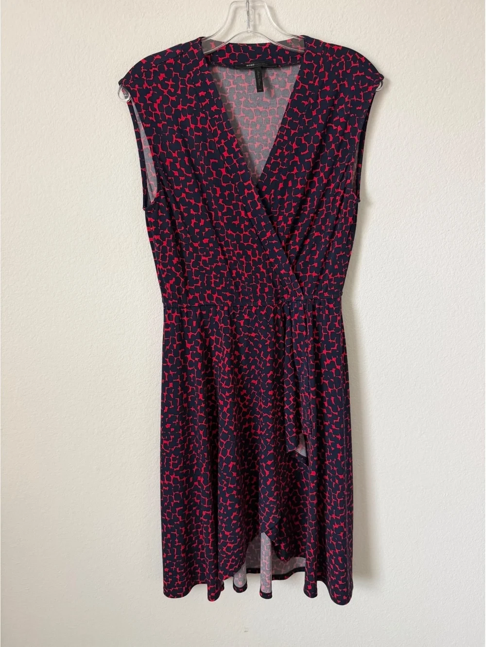 BCBGMAXAZRIA Sleeveless V-Neck Faux Wrap Blue/ Red Geo Hi-Low Dress Size XS